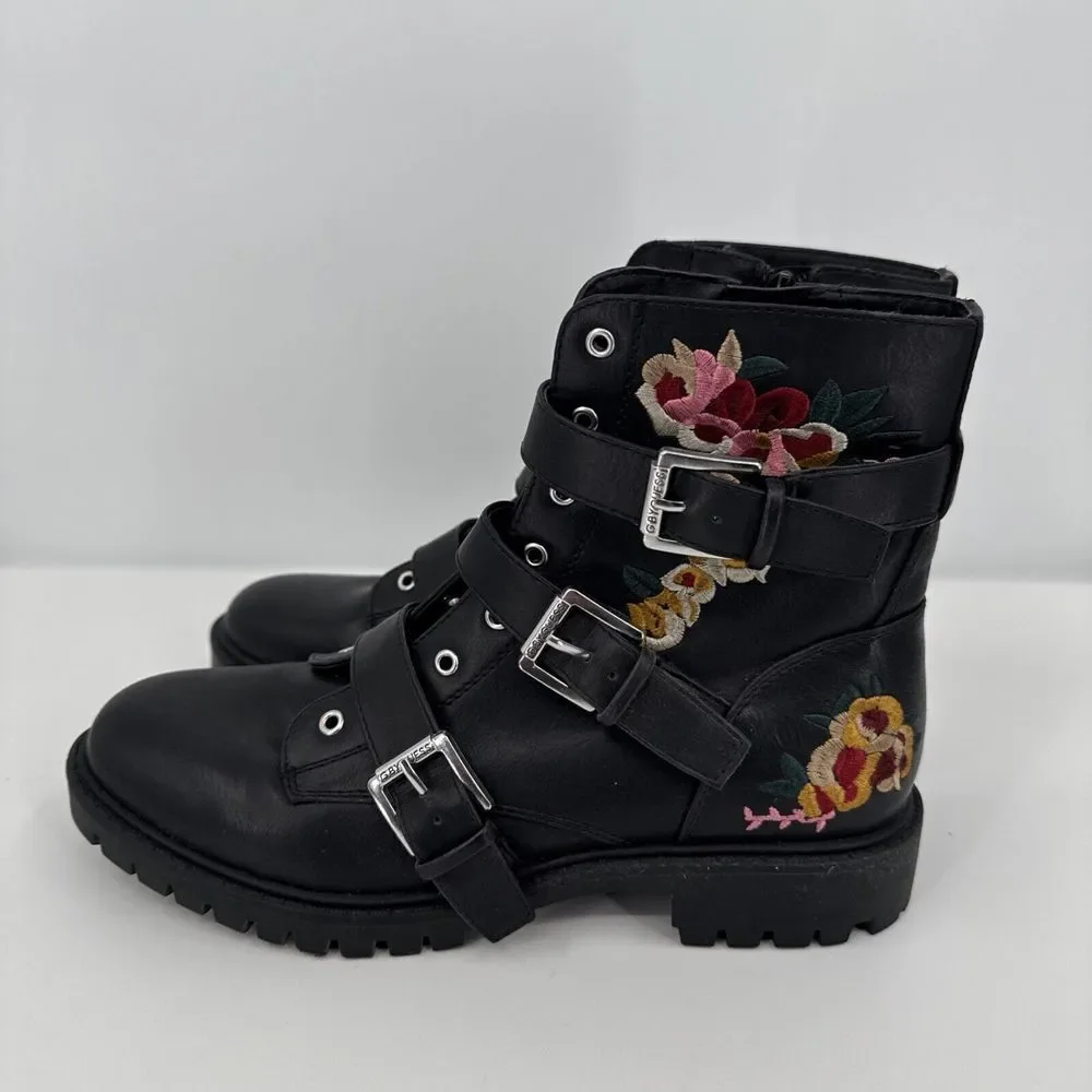 G By Guess Womens Ankle Booties Embroidered ‎ W Flowers Black Buckle  Size 8M - Picture 4 of 9
